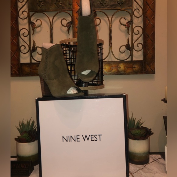 Ankle booties-Olive green suede; brown wooden heel; worn a few times. - Picture 2 of 8